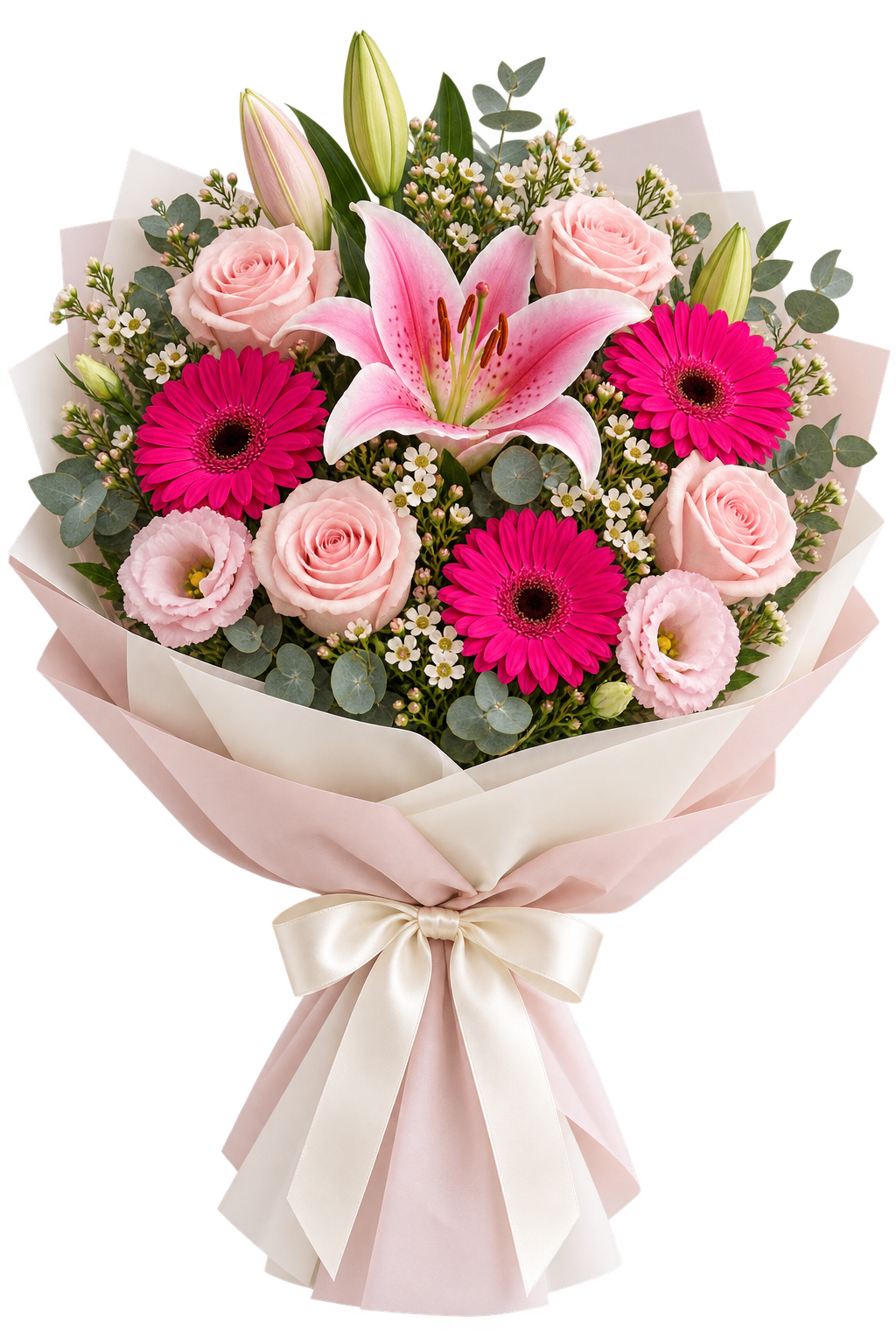 Ramo con lili rosa, gerberas fucsias, rosas y papel marfil con lazo de seda